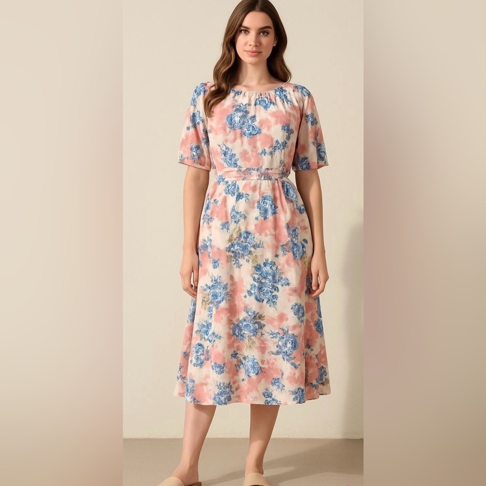 NWT!Floral Pink & Blue Off/On Shoulder Pocket Dress Size 10 or Medium - Picture 2 of 9